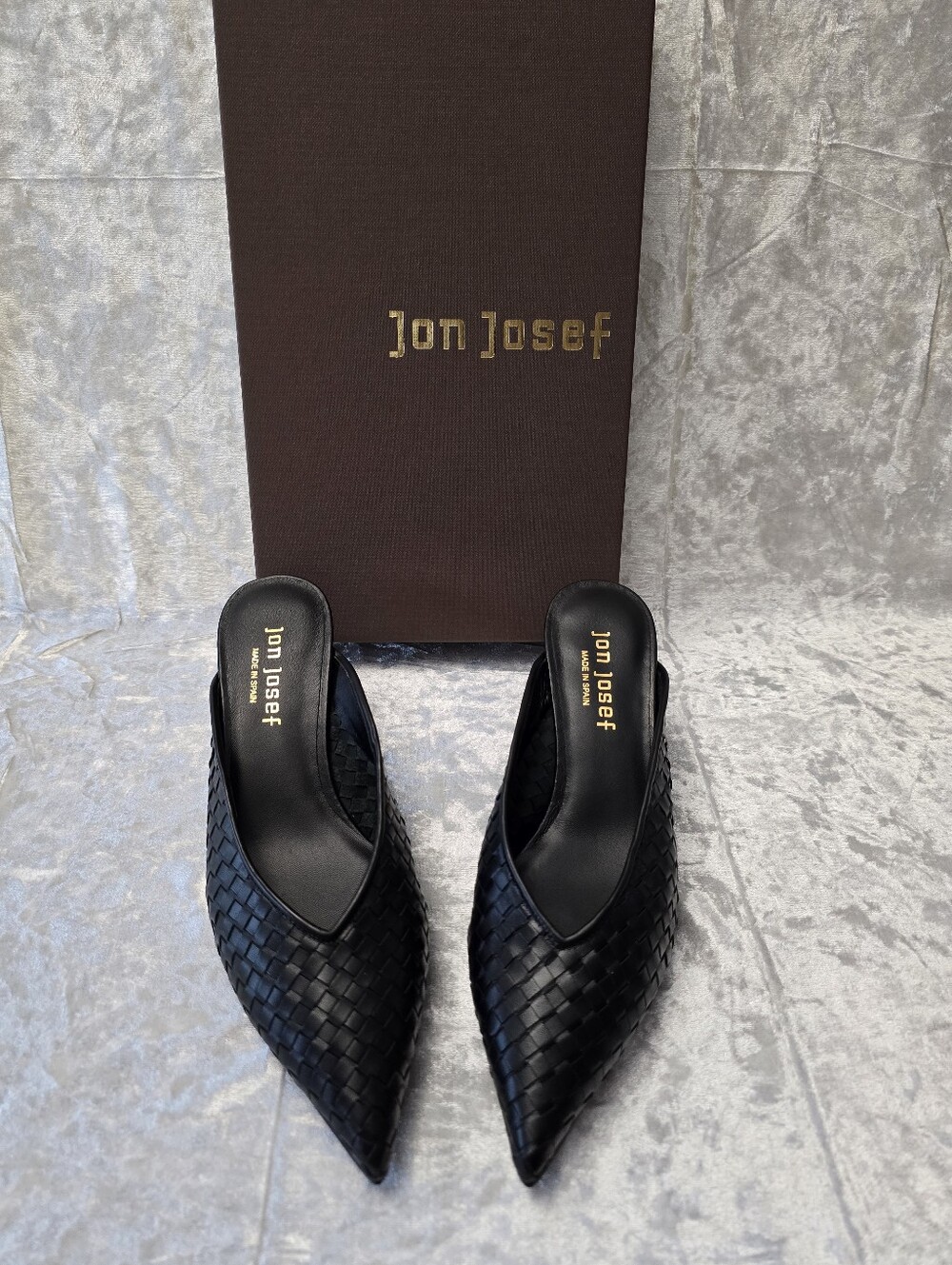 Jon Josef Willa Black Leather Women's Black Woven Pointed Mule